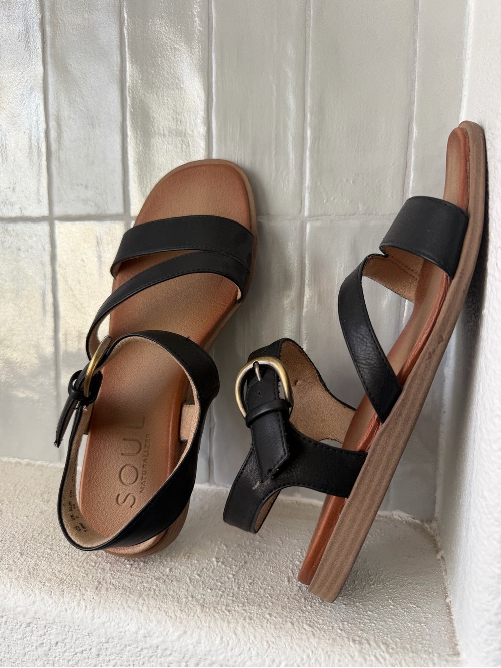 Naturalizer Black Leather Slingback Sandals with Gold Buckle